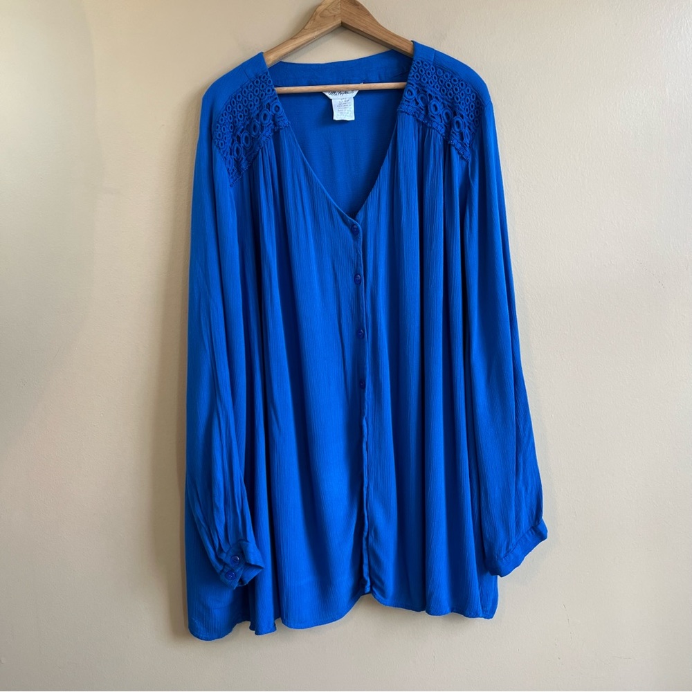 ULLA POPKEN Womens blue Button Peasant Top Size 32/34 Long Sleeve V-neck crochet - Picture 6 of 6